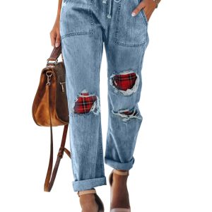 Women's Jeans Straight Mid Waist Patchwork Drawstring Jeans