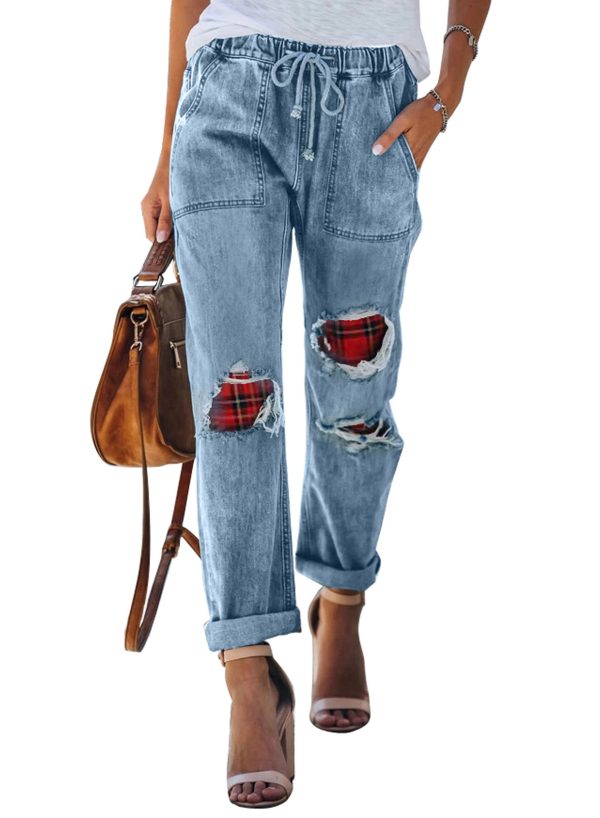 Women's Jeans Straight Mid Waist Patchwork Drawstring Jeans