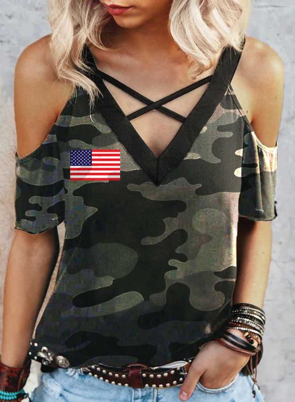 Women's American Flag Patriotic July 4th T-shirts American Flag Cross Neck Hollow T-shirt