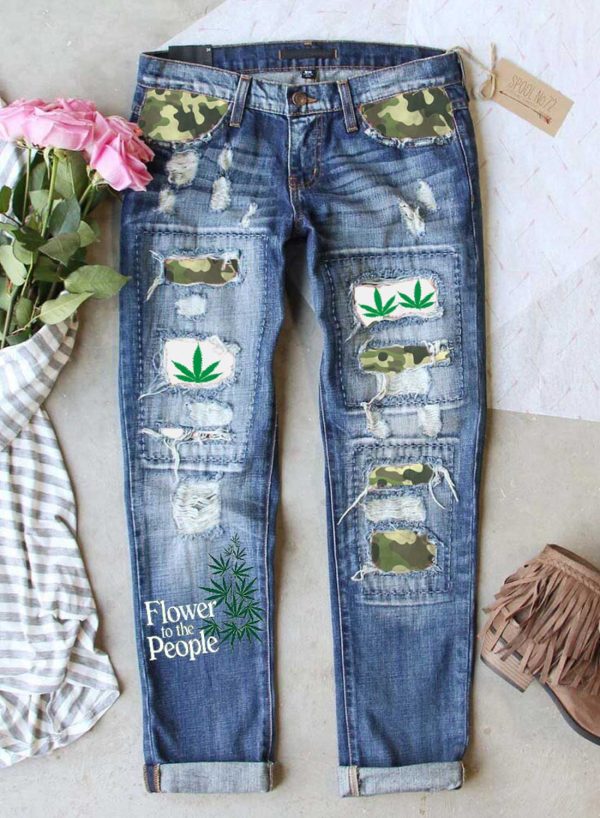 Women's Ripped Jeans Low Waist Hemp Leaf Camouflage Print Ripped Jeans