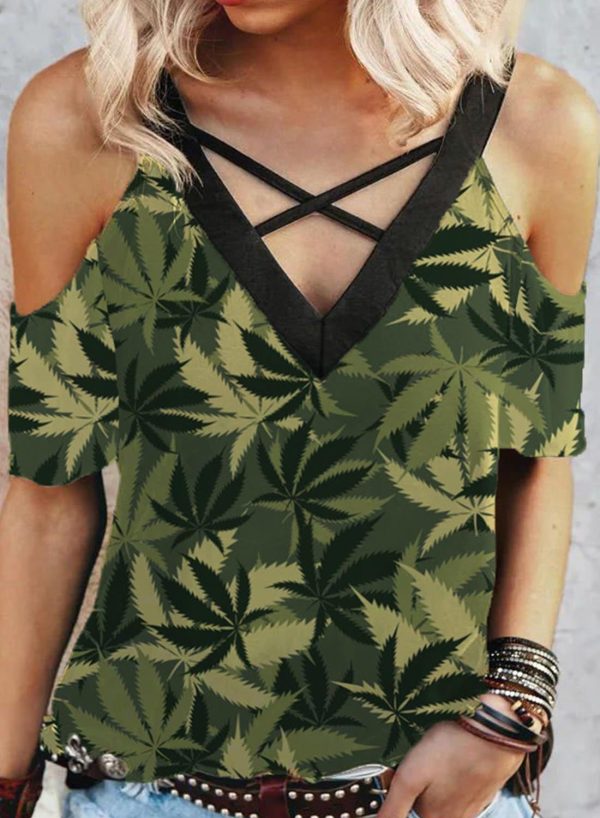 Women's T-shirts Leaf Print Cold Shoulder T-shirt