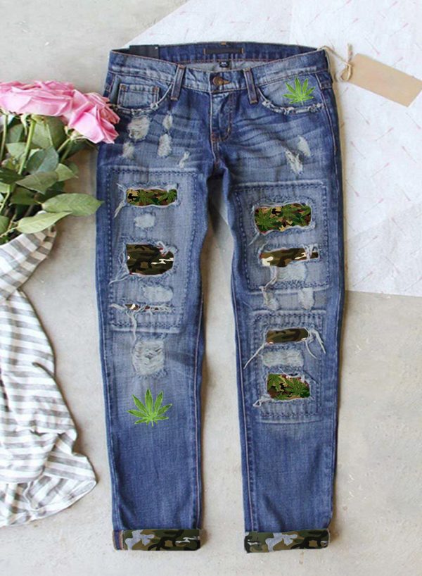 Women's Ripped Jeans Low Waist Leaf Print Camouflage Cut-out Ripped Jeans