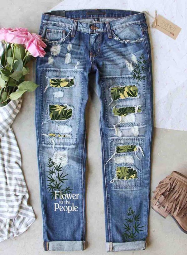 Women's Ripped Jeans Low Waist Leaf Print Camouflage Cut-out Ripped Jeans