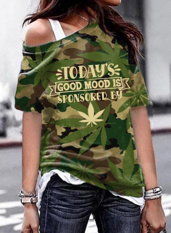 Women's T-shirts Camouflage Letter Leaf Print One Shoulder T-shirts