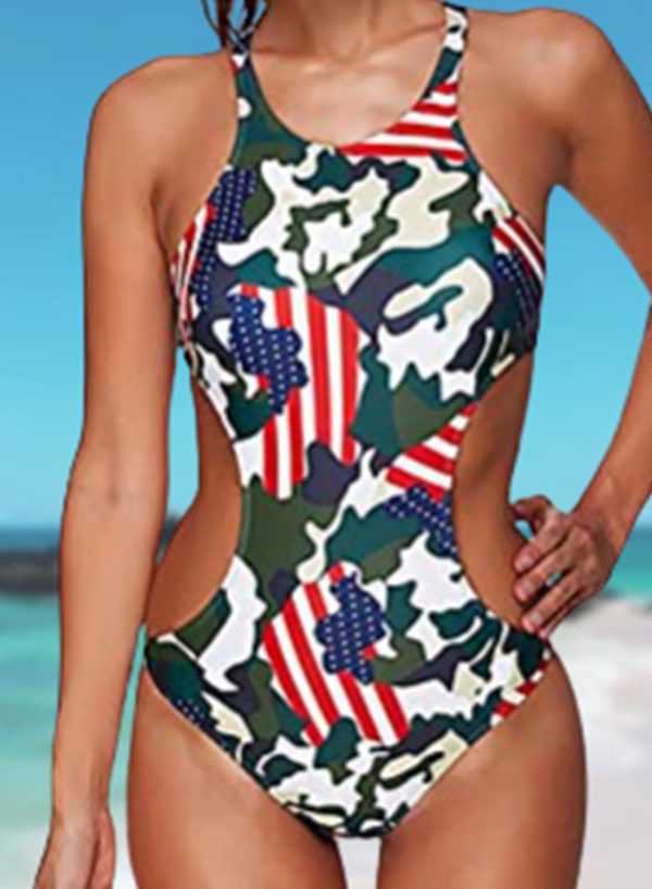 Women's Swimsuits Camouflage Flag Cut-out One-piece Swimsuit