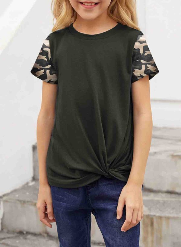 Girl's T-shirts Camouflage Irregular knotted hem T-shirt