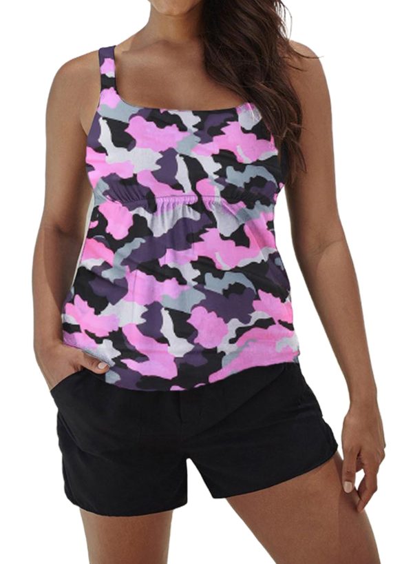 Women's Plus Size Camouflage Tankini with Shorts U Neck Ruched Padded Two Piece Swimsuits Bathing Suit